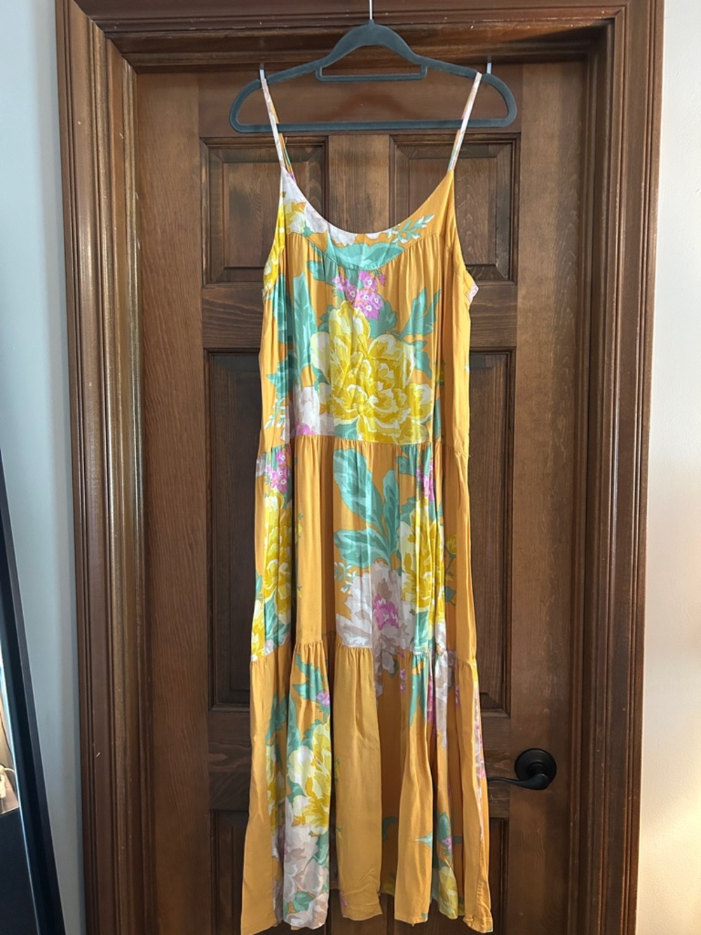 Mustard Floral Maxi Dress with Teal and Pink Accents